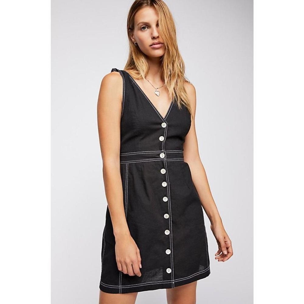 Free People London Town Tie Shoulder V-Neck Dress Black in Size 8